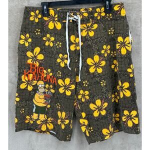 Simpsons Shorts Mens Large Brown Floral‎ Hawaiian Swim Trunks Big Kahuna Homer